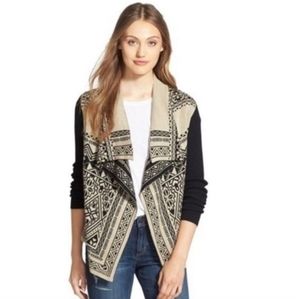 Lucky Brand Western Waterfall Tan and Black Open Cardigan Sweater Size Large